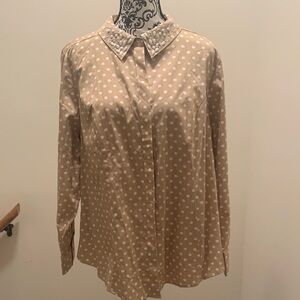 Lane Bryant Beige Polka Dot Button-Down with Pearl Collar